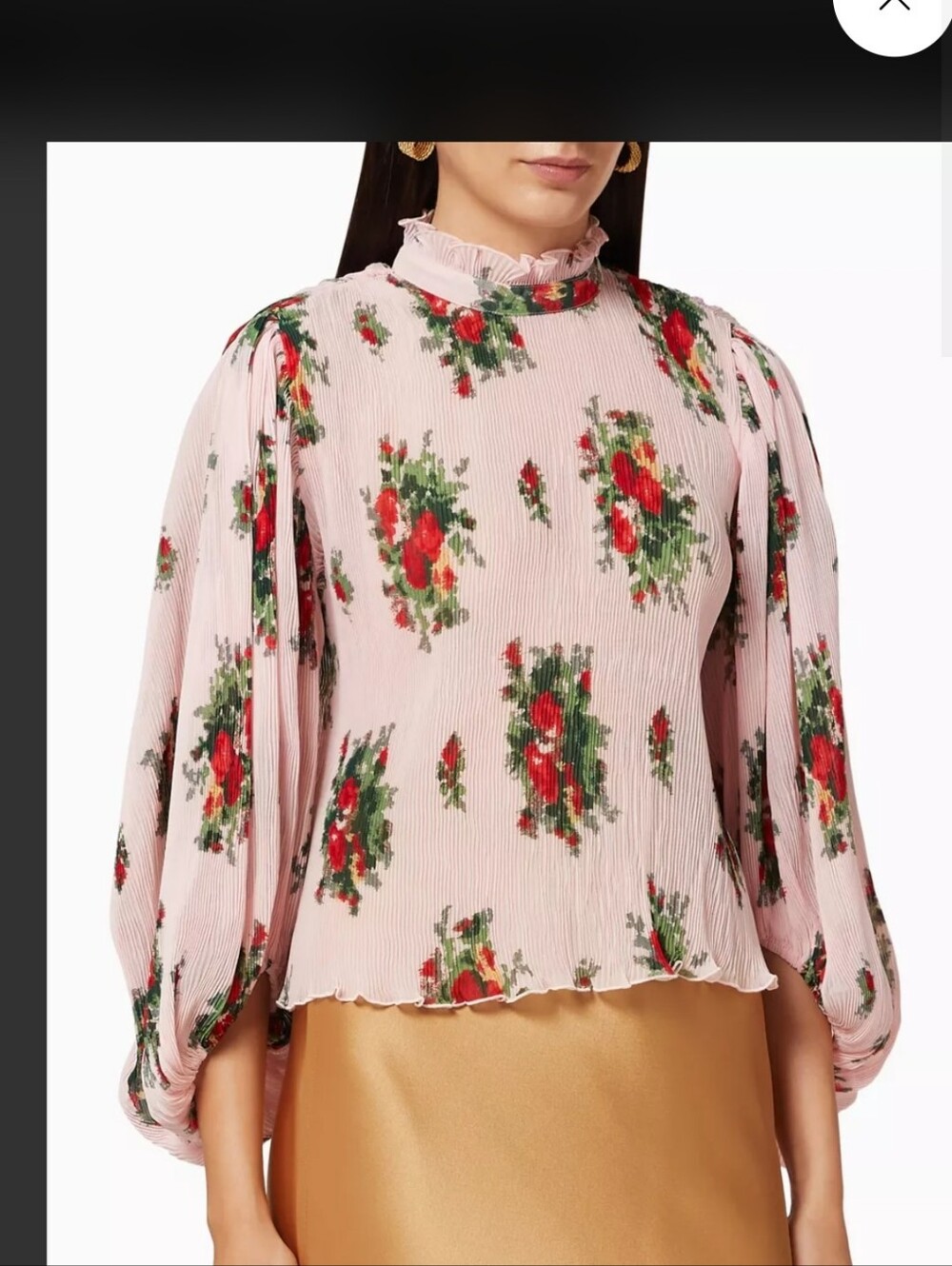 GANNI Pink Floral Ruffled Mock Neck Blouse